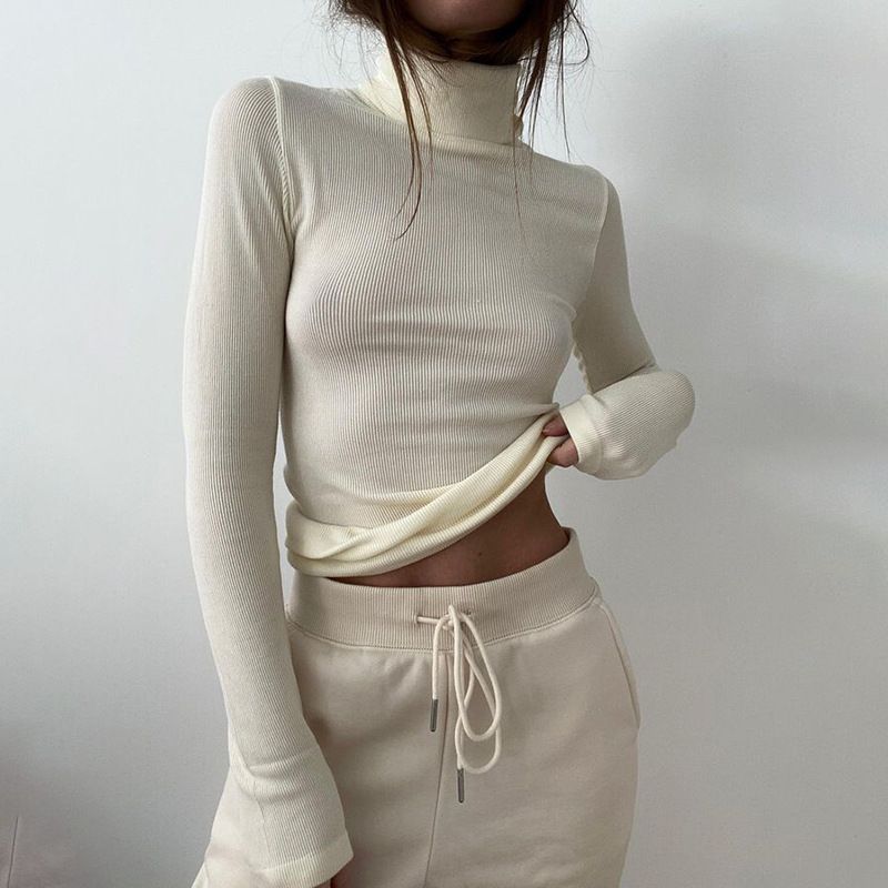 Maglietta a collo alto per donna primavera ed estate 2024 nuovo strato interno a maniche lunghe vestibilità attillata tinta unita filo stretto_voghion.com