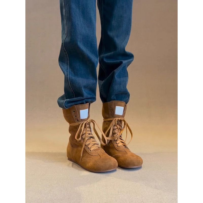 In Stock~ Height-Increasing Boxing Boots For Women, Retro Flat Martin Round-Toe Lace-Up Slimming Short Boots, Canvas_voghion.com