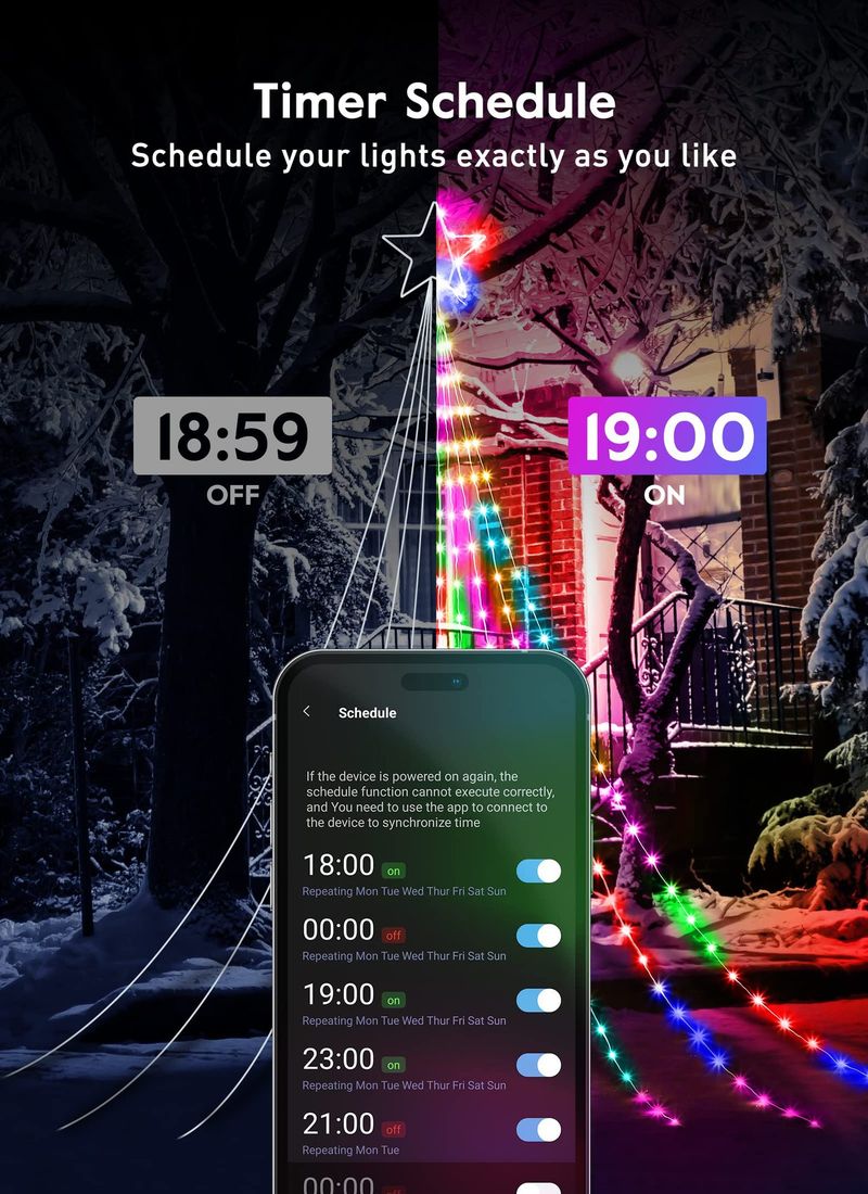 Holiday Lighting Smart Bluetooth Five Pointed Star Waterfall Light 3.6m Christmas Decoration Hanging Tree Trailer Light LED Starry Sky Flowing Water_voghion.com