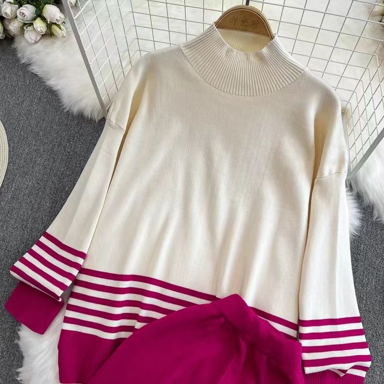 Vêtements pour femmes, costume tricoté décontracté à la mode pour femmes, automne et hiver, haut ample à manches longues contrastées, taille haute, slim, jambe large, pantalon long_voghion.com