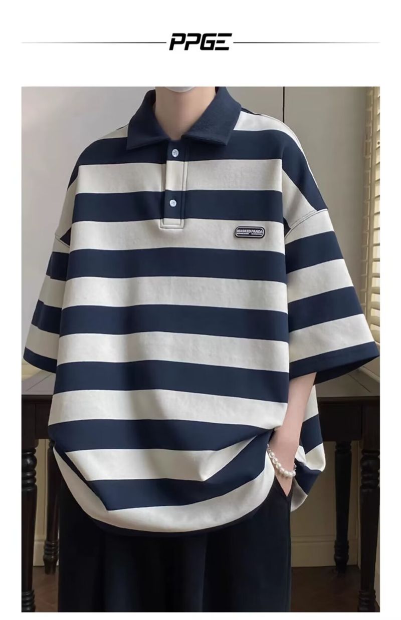 Men’s Heavyweight Stripe Polo Shirt – Short Sleeve, Loose Fit, Embroidered Collar, Streetwear Style (M-2XL, Black/Blue)_voghion.com