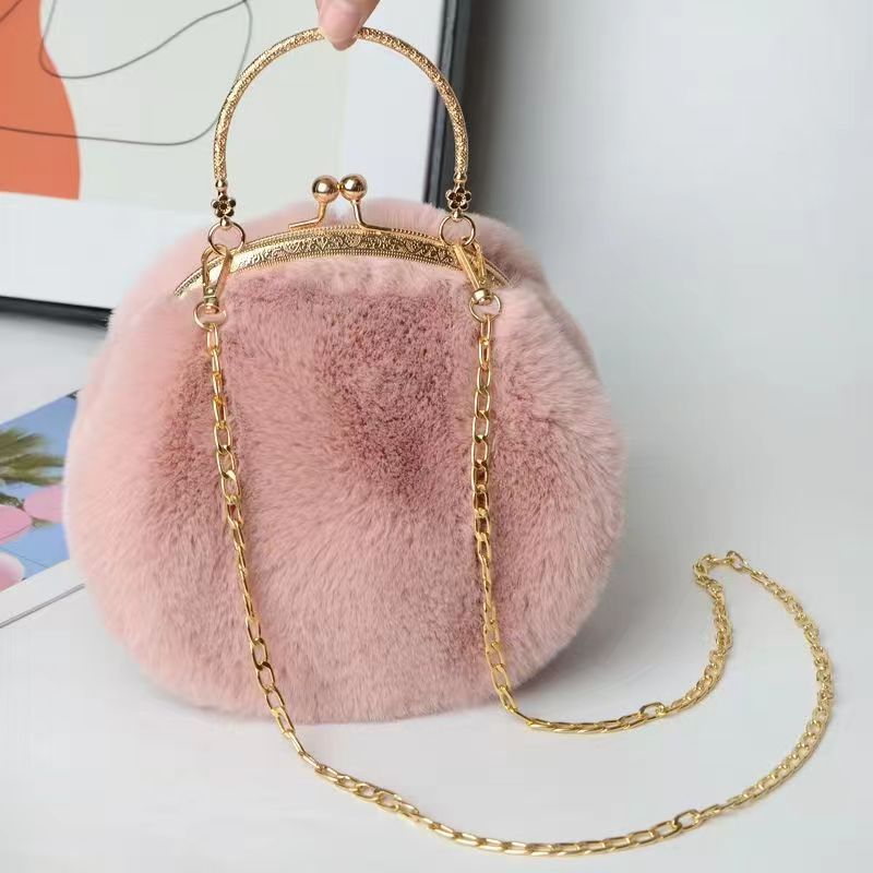 Borsa a tracolla in peluche per ragazze, borsa a tracolla da donna, borsa per telefono con catena, piccola borsa rotonda versatile e alla moda, borsa con fibbia a clip per orecchie di coniglio_voghion.com