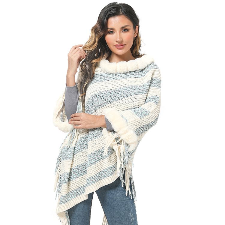 Women's Shawls Imitation Rex Rabbit Fur Collar Knitted Pullover Cape Women's Chenille Warm Striped Shawl Sweater_voghion.com