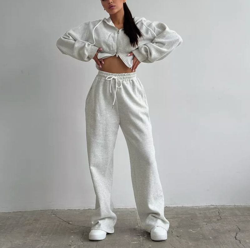 Completo da donna con felpa con zip e pantaloni a gamba larga - Completo coordinato in morbido cotone, da salotto a strada, traspirante, a maniche lunghe, due pezzi, casual_voghion.com