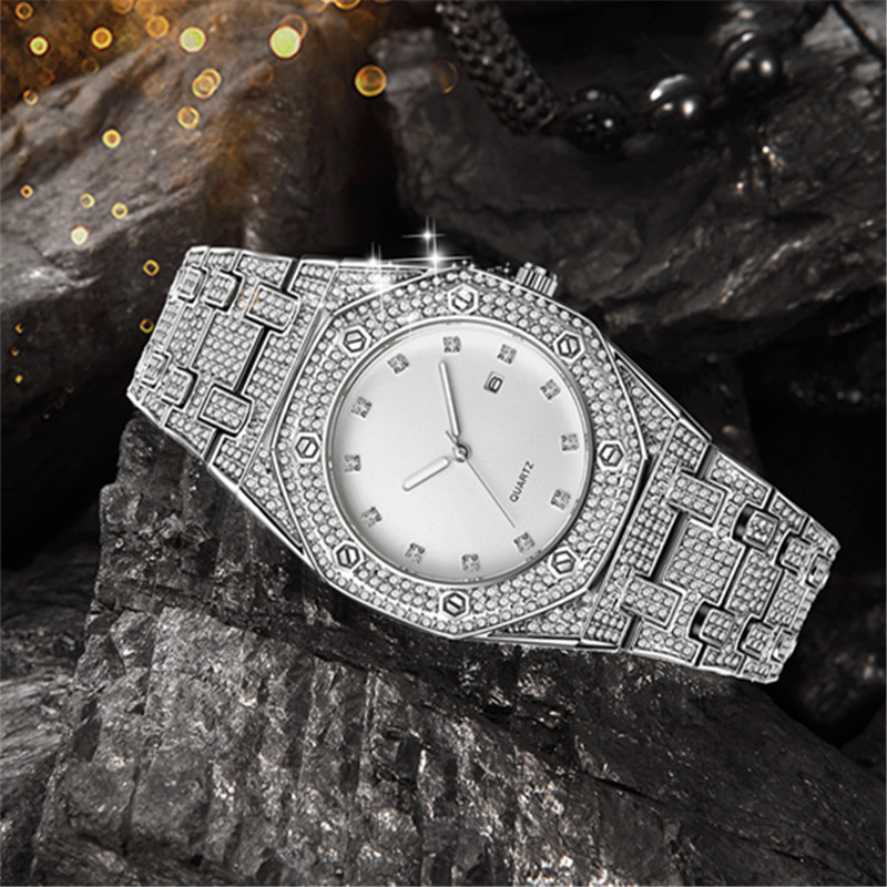 Män Hip Hop Diamond Golden Brand Date Quartz klockor_voghion.com