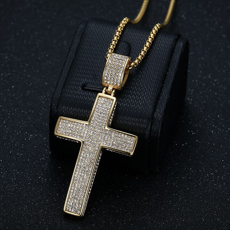 Hip Hop Cross Pendant Necklace -Plated Titanium Steel, Prong-Set Cubic Zirconia_voghion.com