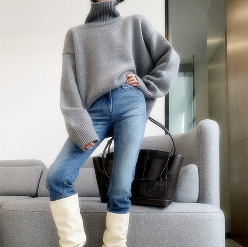Pull ciré doux à col roulé pour femme, sensation ample, avec base en tricot coupe-vent paresseux_voghion.com