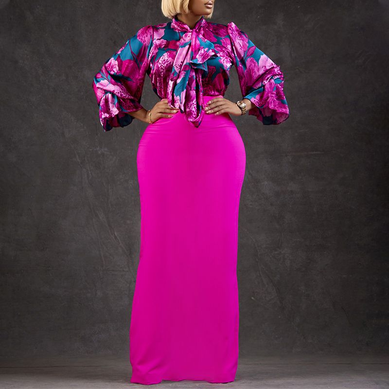 Dameskleding Mode Bedrukt Strappy Shirt met Lange Mouwen Rok Lange Rok Tweedelige Set_voghion.com