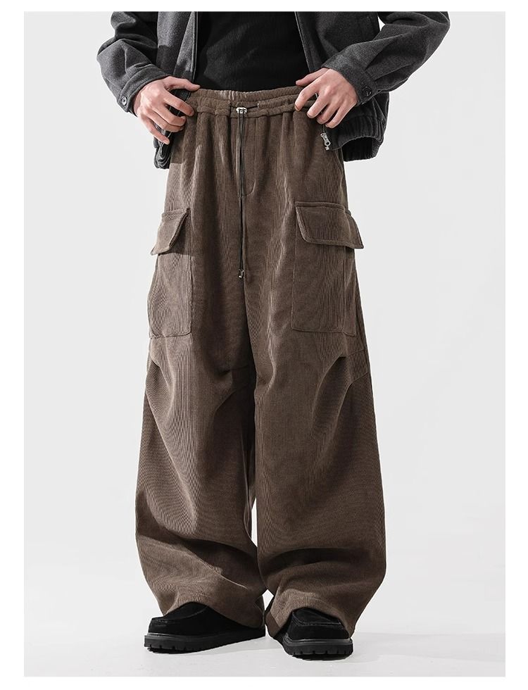 Corduroy Cargo Pants With Fleece Lining – High Waist, 65% Polyester, Drawstring Closure, Black/Khaki, S-XXL (Unisex Winter)_voghion.com