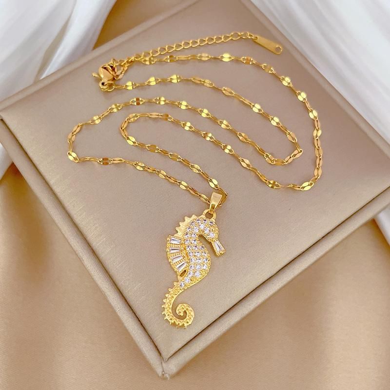 Roestvrijstalen ketting Klassieke glanzende zirkoon schattige zeepaard hanger ketting voor vrouwen Sieraden accessoires Geschenken voor dagelijks feest_voghion.com