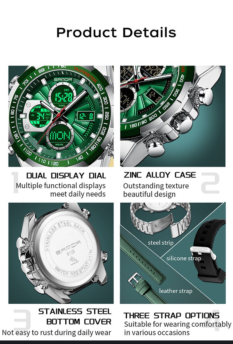 Men's Multi-Function Digital Watch With Interchangeable Straps - Waterproof, Luminous, Triple Time Zones, Stopwatch, Alarm, Calendar Round Dial Watch_voghion.com