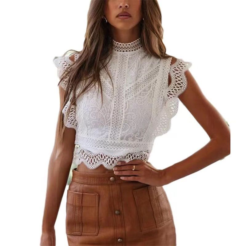 K Sexy Lace Sheer Solid Color Geometric Pattern Women's Top Ruffled Chiffon Blouse_voghion.com