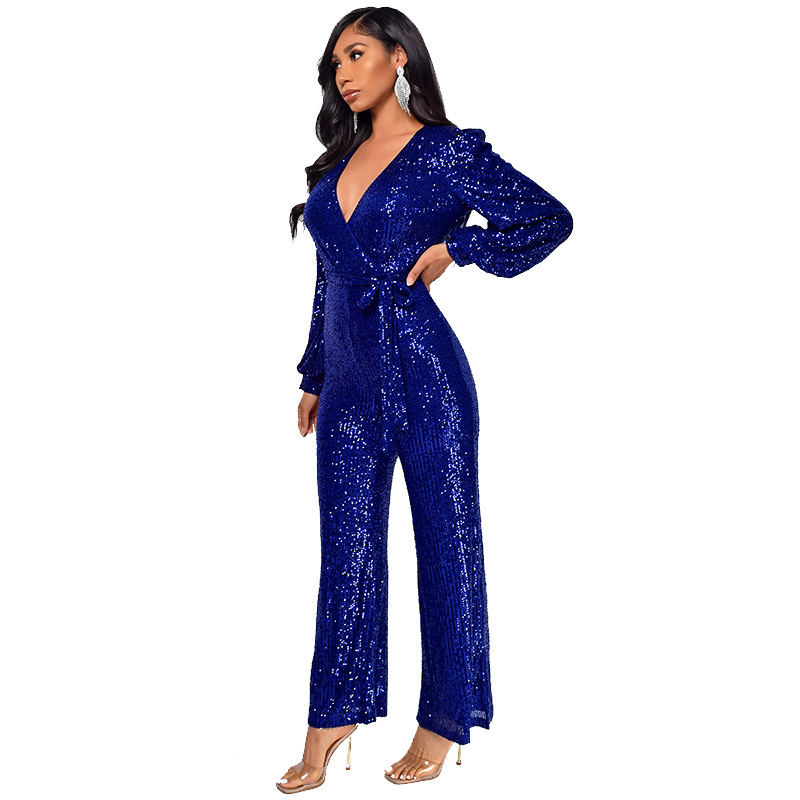 Damkläder Ins Style Deep V Mode Casual Jumpsuit Långärmat Bälte Paljett Jumpsuit Dam_voghion.com