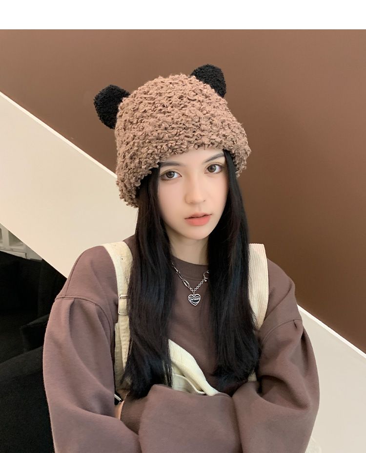 Plush And Thickened Knitted Hat Knit Beanie Winter Warm Fleece Lined Hat With Panda Design Soft Stretchy Ribbed Cuff For Cold Weather_voghion.com