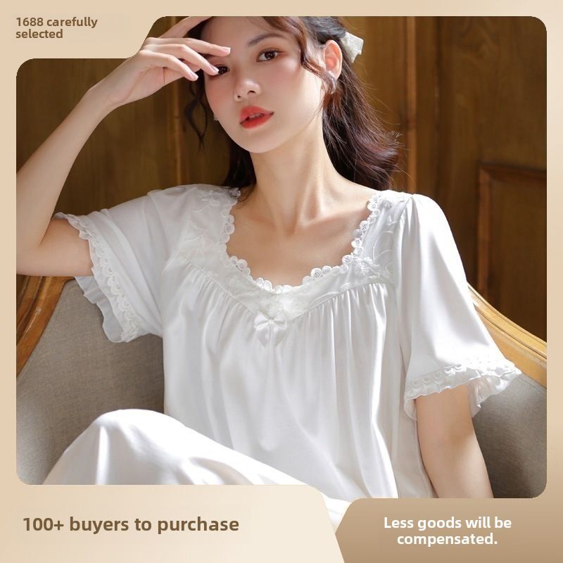 Camicia da notte a maniche corte da donna, estiva, in cotone, stile palazzo, elegante, in pizzo, da principessa, ampia, morbida, capispalla, abbigliamento per la casa_voghion.com
