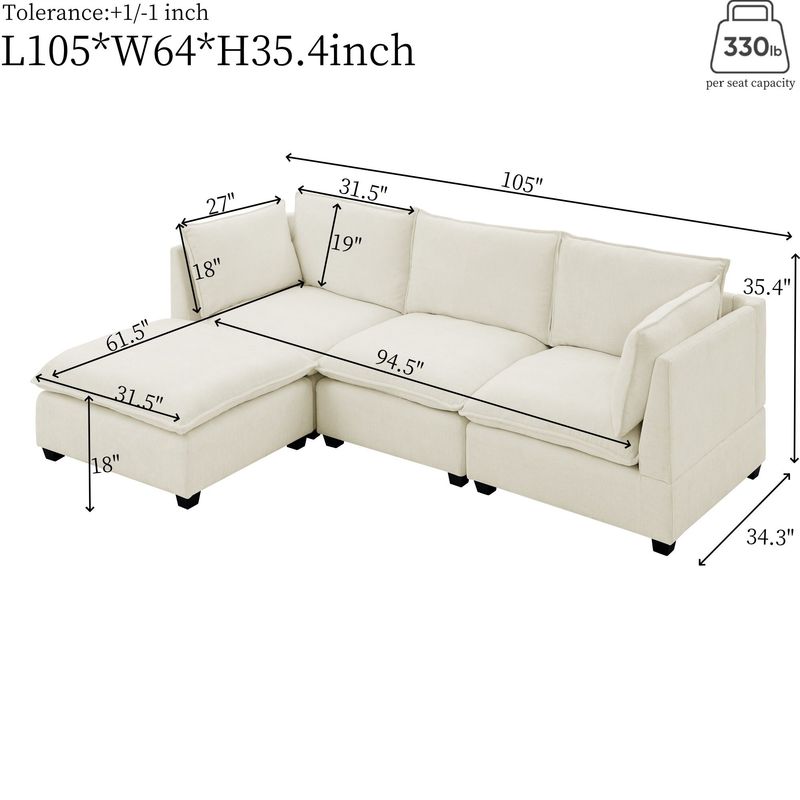 Convertible Sectional Sofa Couch With Ottoman, Cloud Couch 3 Seat L Shaped Sofa With Padded Armrests, Cloud Sofa For Living Room, Apartment And Office, Beige(Beige White)_voghion.com