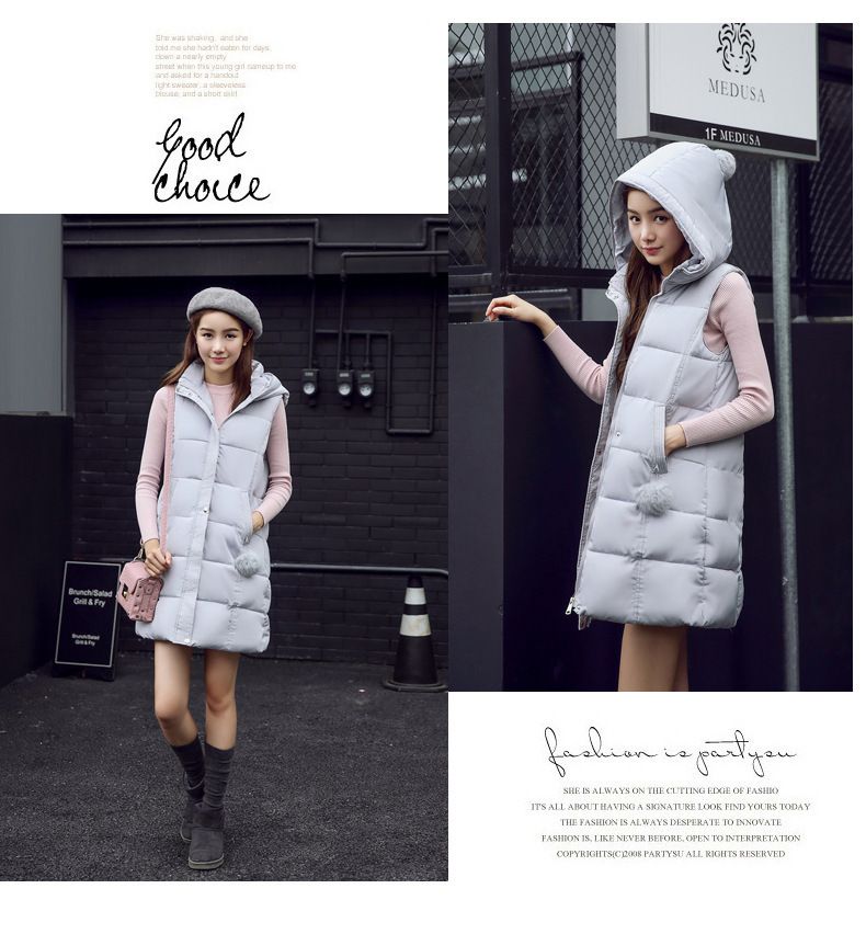 Gilet long sans manches à capuche pour femme, doudoune légère en polyester, coupe ample et oversize, grande taille disponible, style streetwear décontracté._voghion.com