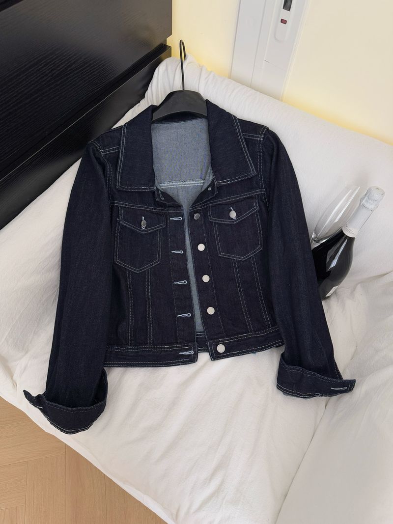 Set aus schwerer Jeansjacke mit offenem Saum und Minirock mit hoher Taille – Dunkelblaues, lässiges Outfit im Used-Look für Damen_voghion.com
