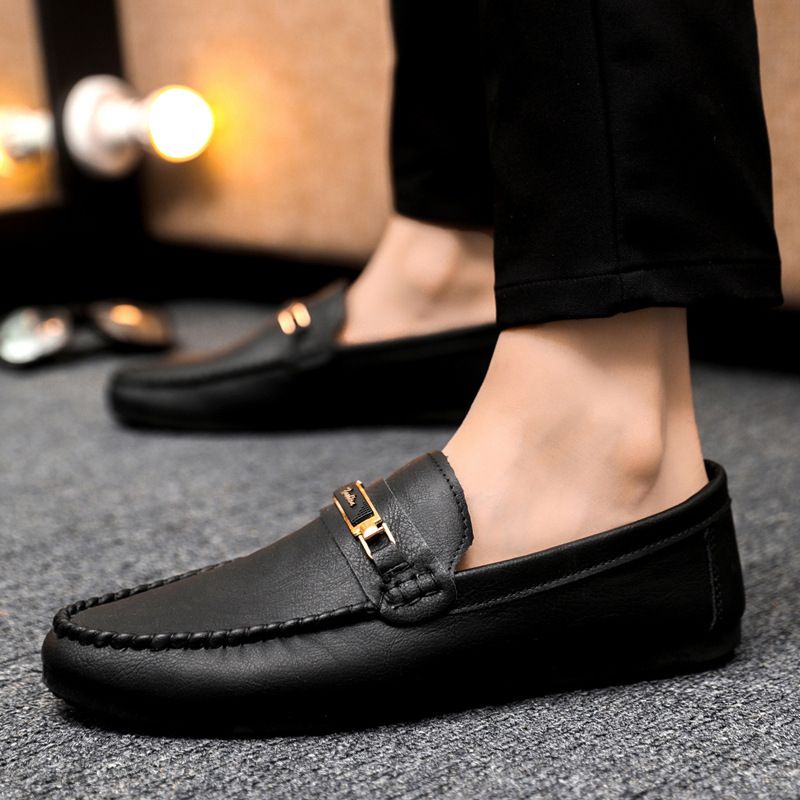 Wasserdichte, lässige Ein-Fuß-Loafer aus Leder, handgefertigte, niedrig geschnittene schwarze britische Herrenschuhe mit flachem Boden_voghion.com