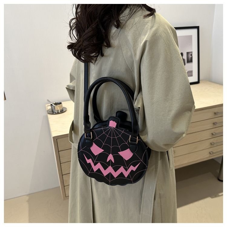 Borsa a tracolla con zucca di Halloween - Piccola borsa a tracolla rotonda in stile retrò con blocchi di colore, chiusura con cerniera e tasca per telefono_voghion.com