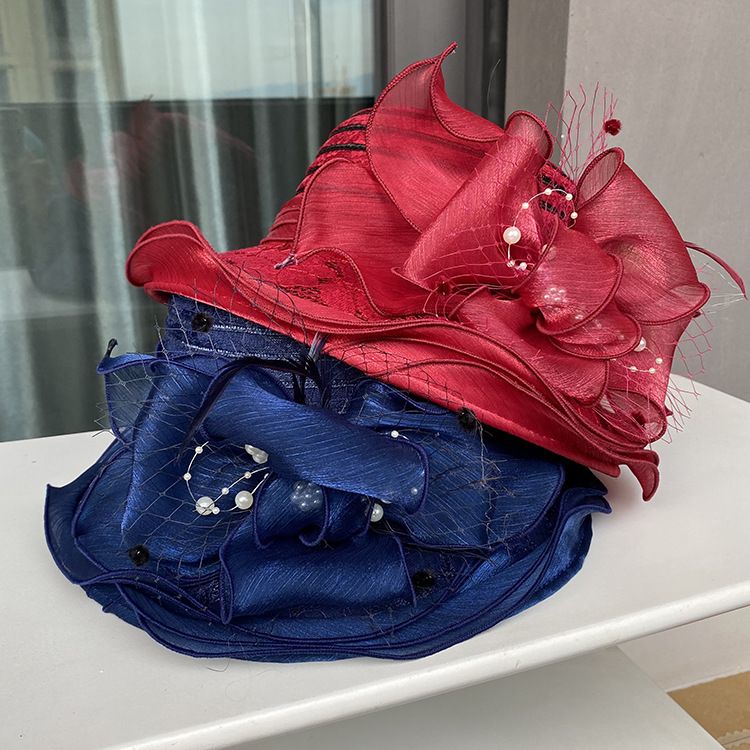 Cappello da sole in pizzo con pizzo Temperamento Elegante cappello da secchiello con fiori di perle Cappello da sole estivo traspirante da donna_voghion.com