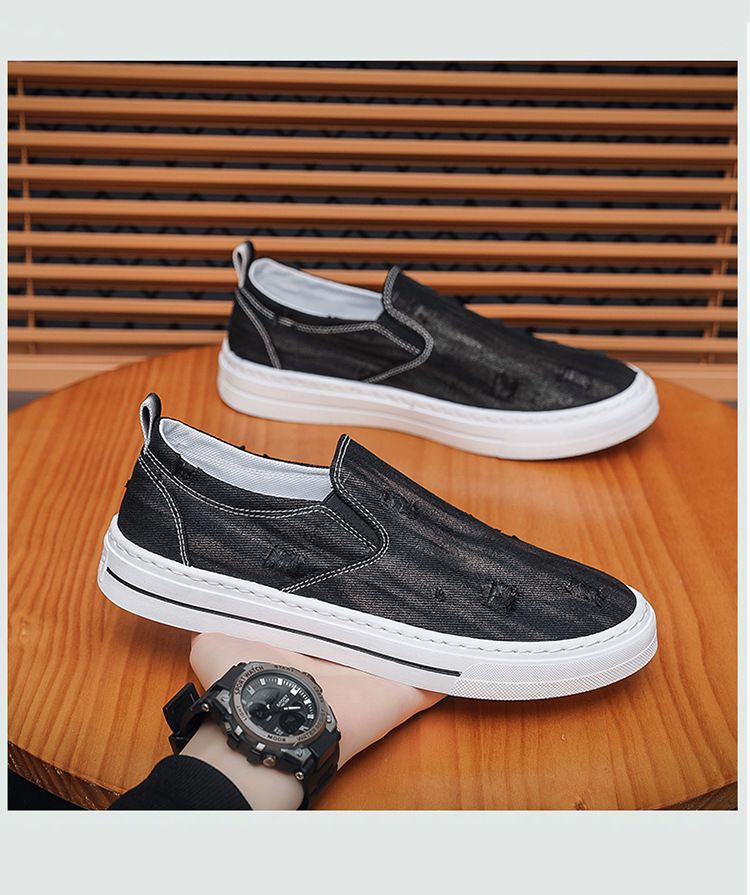Tênis casuais masculinos de lona respirável, novos, versáteis, planos e sem cadarço, calçados da moda para o verão_voghion.com