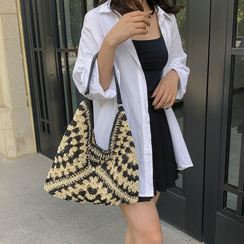 Borsa a tracolla di paglia intrecciata da donna popolare, borsa di medie dimensioni con manico per le vacanze al mare_voghion.com
