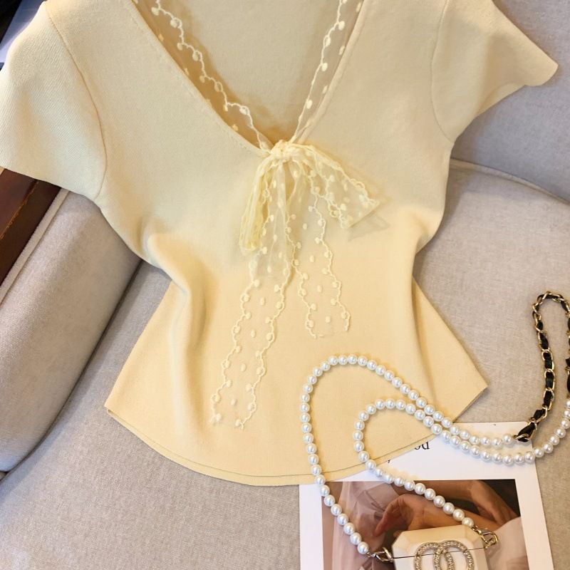 Maglietta a maniche corte in maglia con scollo a V, da donna, Real Shot_voghion.com