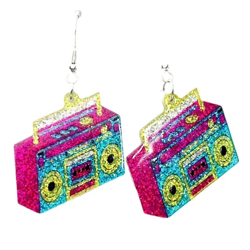 Fluorescent Color Shiny Oil Tape Era Earrings Lightning Element Radio Women's Eye-Catching_voghion.com
