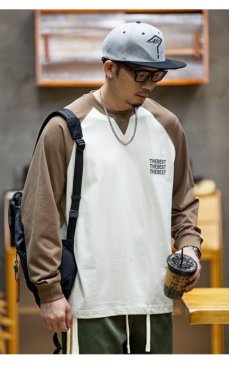 Langarm-T-Shirt aus Baumwolle für Herren, Herbst, lockere Modemarke, große Größe, Rundhals-Shirt, Herren, Retro-Farbkontrast-Basisshirt_voghion.com