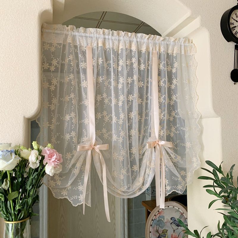 Pastoral Embroidery Window Screen Lifting Curtain Lifting Curtain Lace Screen Curtain Free Punching Velcro Partition Bay Window Balcony_voghion.com