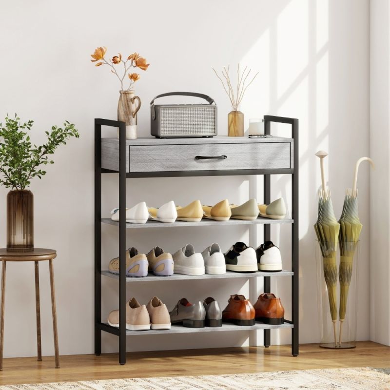 4-stufiges Schuhregal, Flurregal Für Bis Zu 9 Paar Schuhe, Spanplatte, Metall, Grau_voghion.com