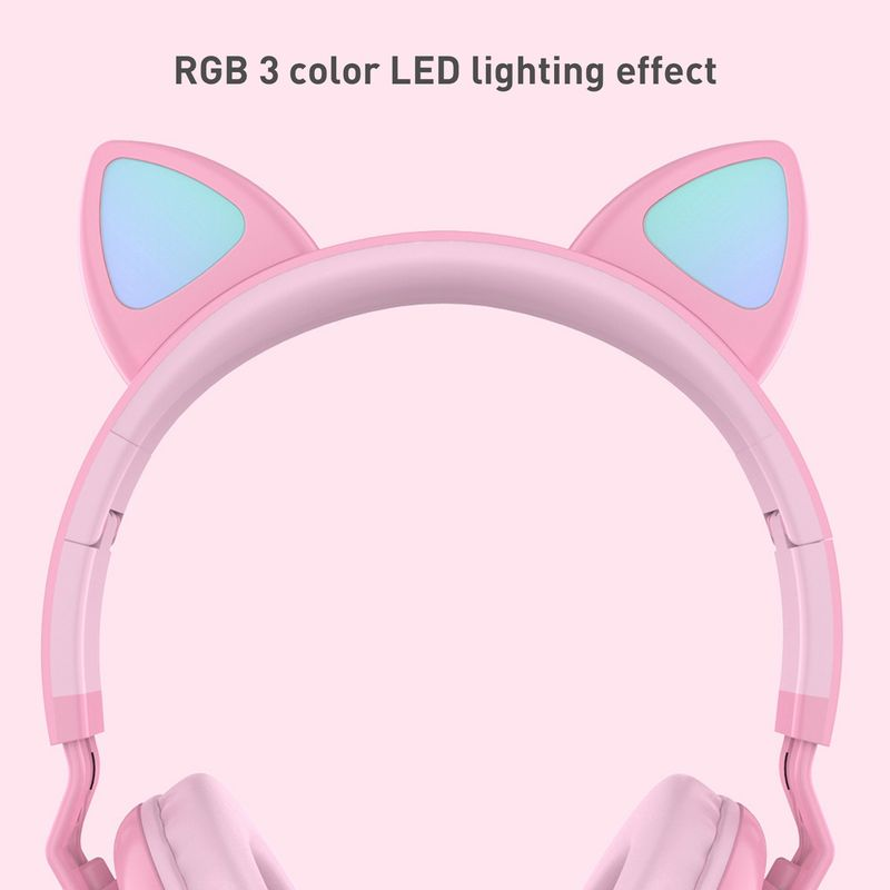 Geri Çekilebilir Işıklı RGB Işık Sevimli Kedi Kulak Şeklinde Kablosuz Kulaklık Telefon/PC İçin_voghion.com