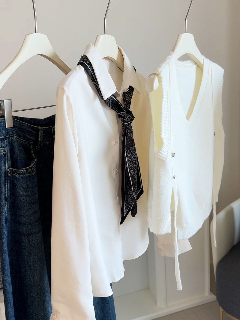 Completo tre pezzi in maglia elegante e snellente in stile coreano autunnale, anti-età, versatile, con camicia a maniche lunghe e sciarpa_voghion.com