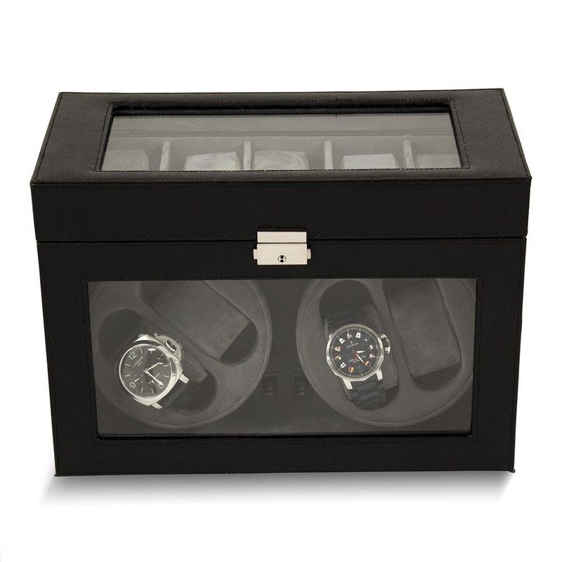 Black Leather With Glass Doors Velour Lined Locking 4-Watch Winder With 5-Watch Top Storage Area (AC/DC)_voghion.com