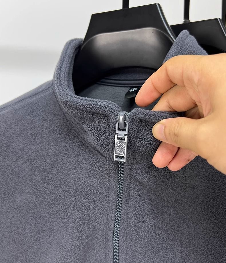 Giacca in pile con collo alto e cerniera da uomo - Cappotto invernale caldo e spesso con cappuccio in tinta unita per abbigliamento casual all'aperto_voghion.com