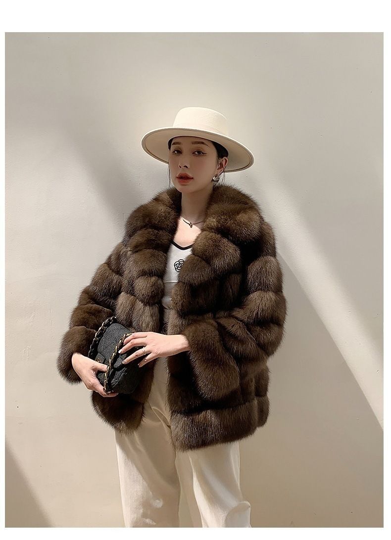 Luxuriöser Kunstnerzmantel mit Sternenmuster - Kurze Winterjacke für Damen, Reverskragen, eleganter Kunstpelzmantel in Kastanienbraun_voghion.com