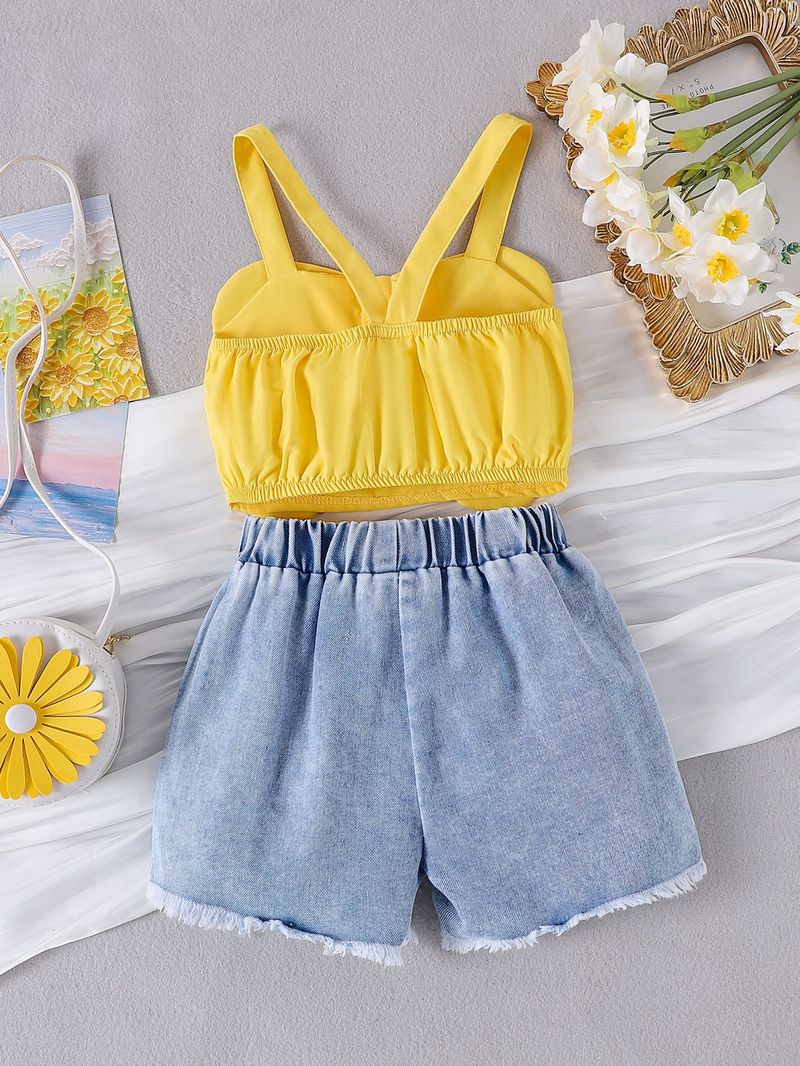 Ropa para niños Trajes de verano dulces y geniales para niñas Pantalones cortos para niños pequeños y medianos Chaleco con tirantes Pantalones cortos con flores Nuevos productos_voghion.com