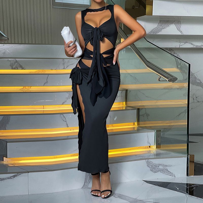 Moda femminile Pannelli in rete trasparente Ritagli Fessure per cravatte Abiti senza maniche irregolari_voghion.com