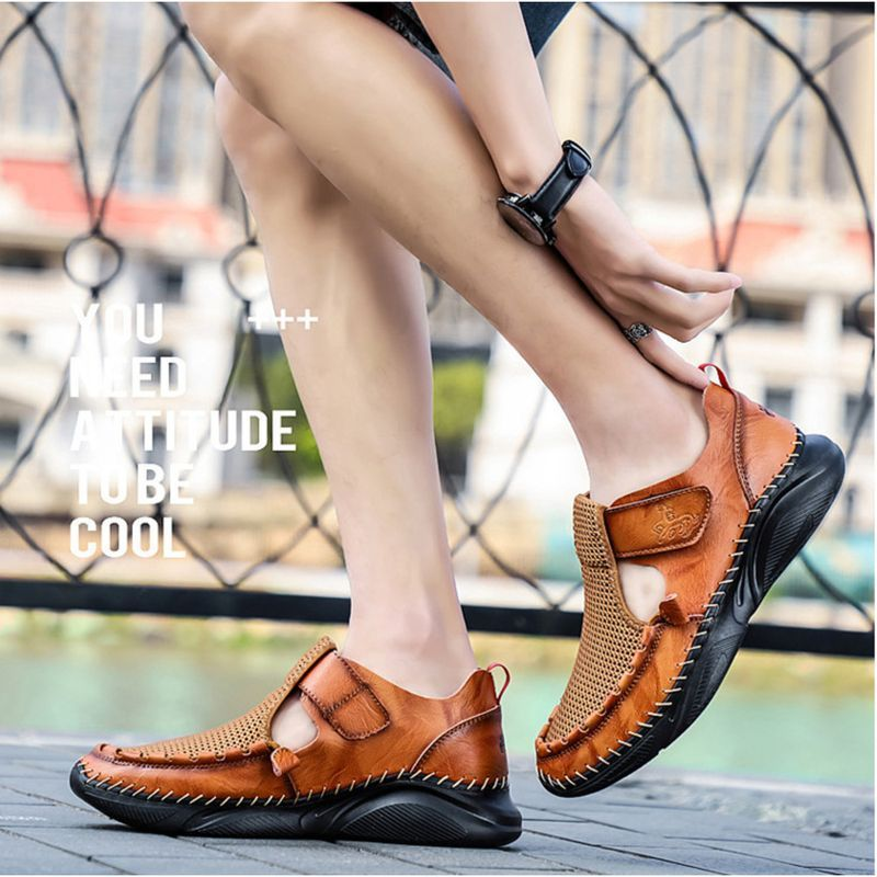 Zapatos deportivos ligeros con punta cerrada para hombre, sandalias de cuero informales para senderismo al aire libre, zapatillas de playa de verano_voghion.com
