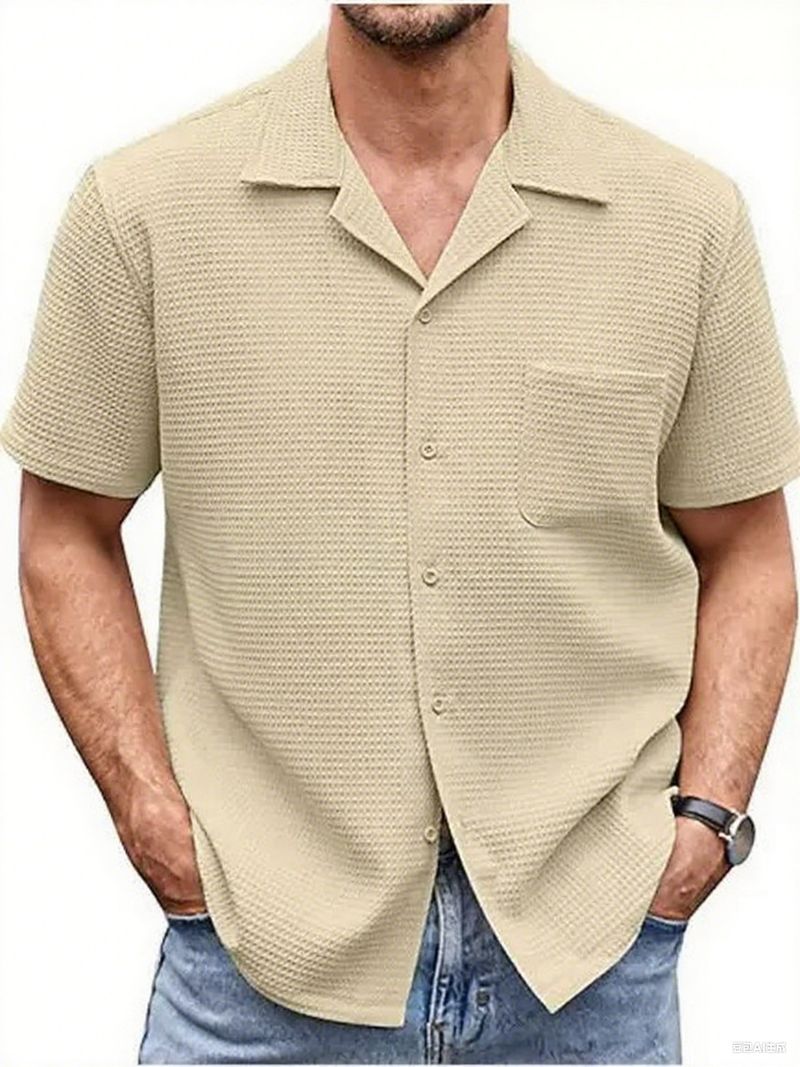 New Products Men's Summer Suit Collar Solid Color Short Sleeved Waffle Men's Shirt_voghion.com