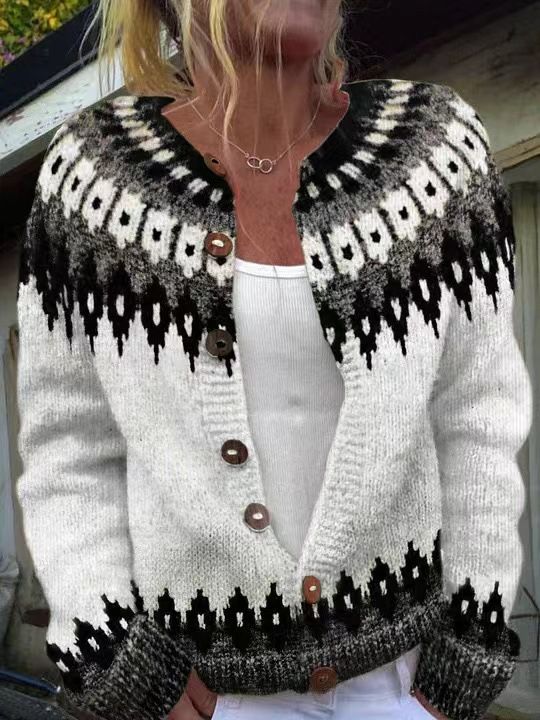 Cardigan etnico in maglia jacquard | Maglione pullover boho (S-5XL, oltre 30 colori)_voghion.com