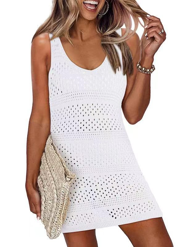 Women's Clothing swimsuit cover-up new sleeveless vest sunscreen shirt knitted hollow swimsuit beach skirt_voghion.com
