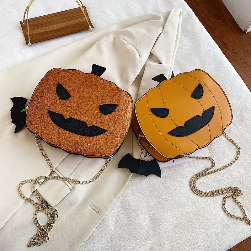 Borsa a tracolla con zucca glitterata a tema Halloween per donna - Borsa a tracolla in PU riflettente retrò con tasche con cerniera, accessorio alla moda e divertente_voghion.com