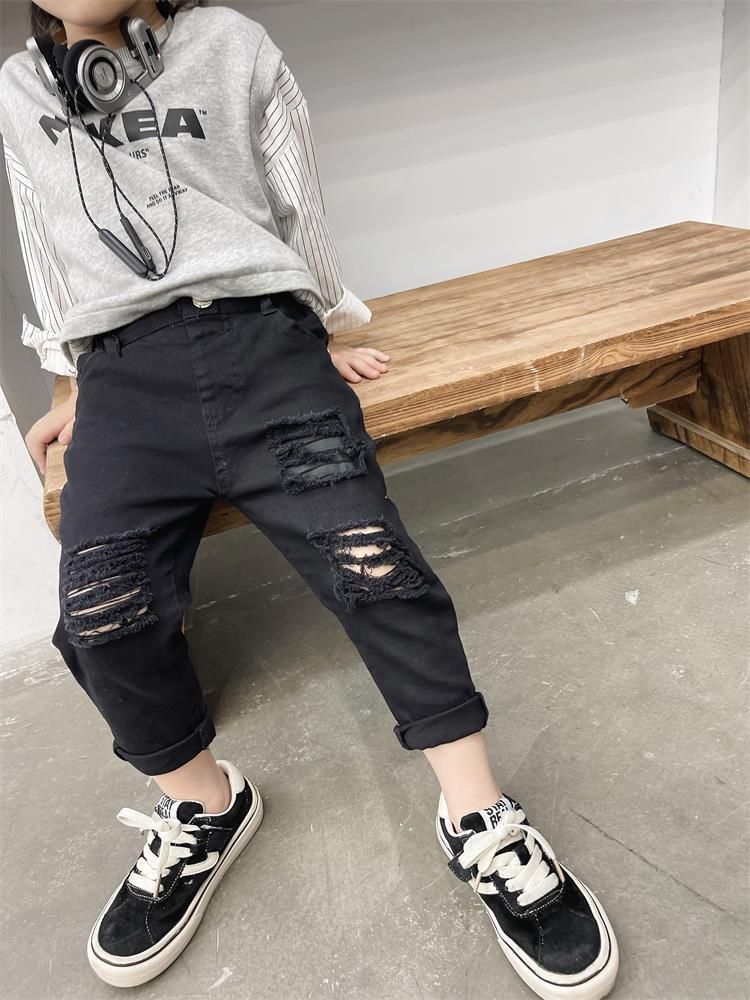 Kid's Clothing Children's pants new black and white trousers baby wear slim fit hole style trendy pants stretch cotton jeans_voghion.com