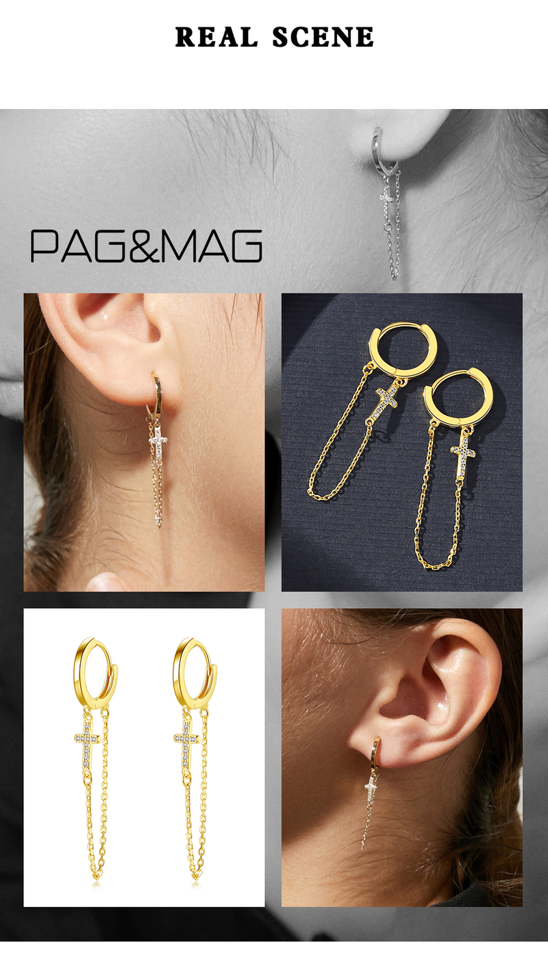 Orecchini a clip a croce con zirconi cubici Orecchini a clip a catena in argento sterling CZ fini per ragazze e donne_voghion.com