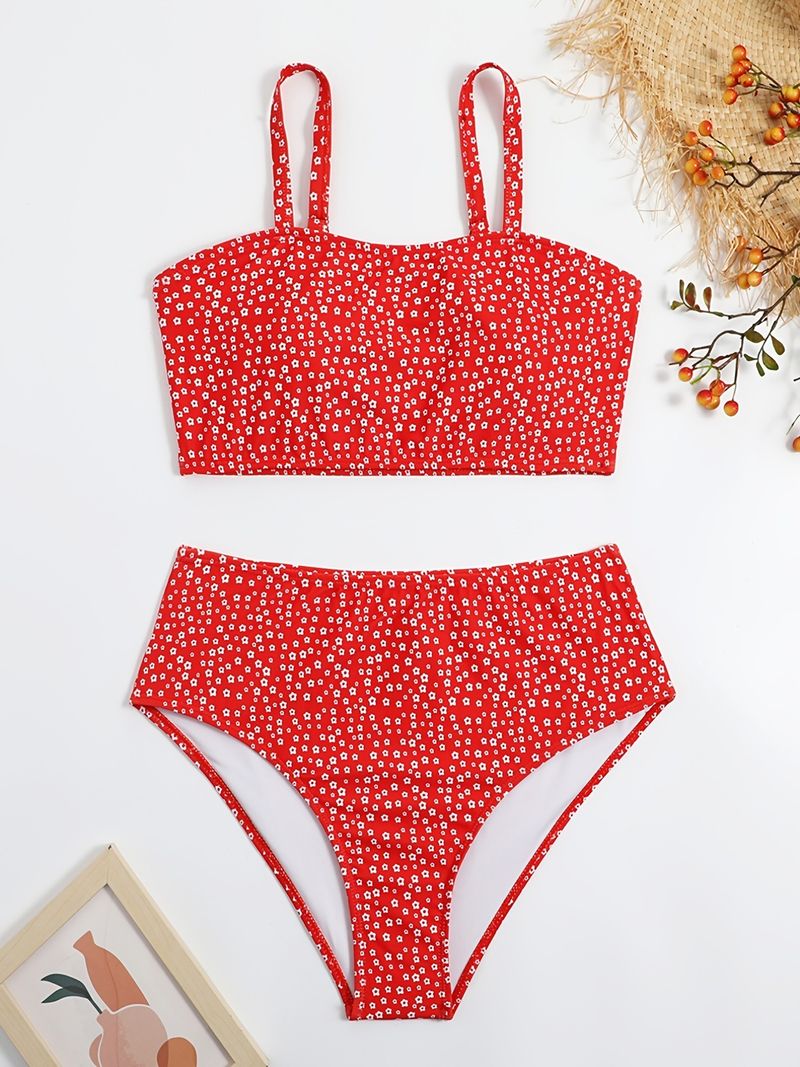 Plus Size High Waist Bikini Set - Floral Print & Polka Dot Swimsuit For Women Tummy Control Two-Piece Swimwear With Adjustable Ties_voghion.com