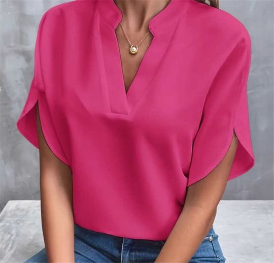 Dameskleding Zomer Nieuw V-hals Shirt Dames Effen Kleur Casual All-match Europees en Amerikaans Kort mouw Pullover Shirt_voghion.com