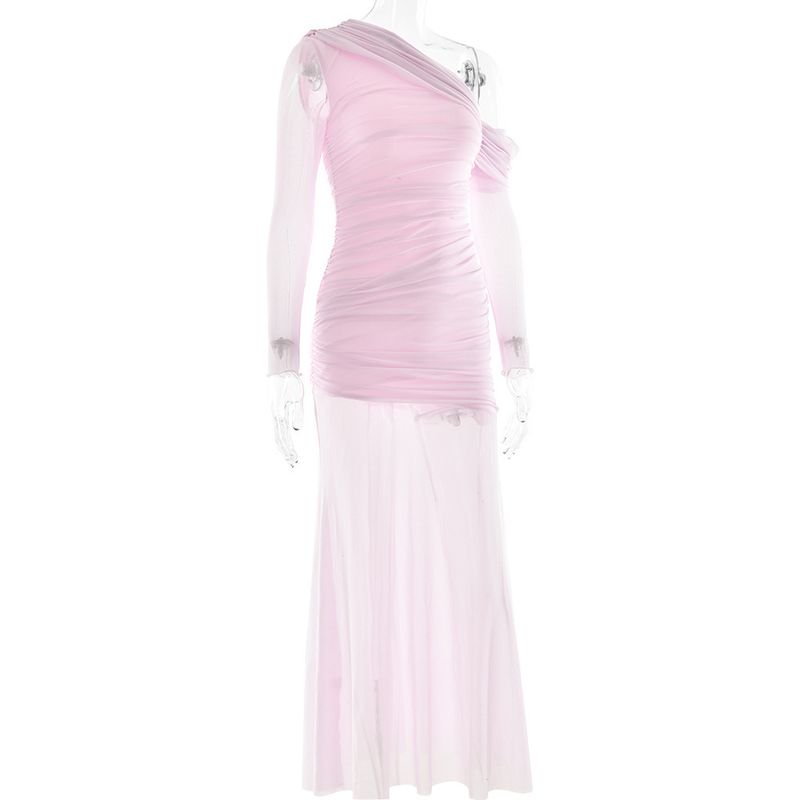 Abito lungo con volant in rete e spalle scoperte – Elegante abito aderente a maniche lunghe con pannelli trasparenti (S/M/L) – Trendy e femminile_voghion.com