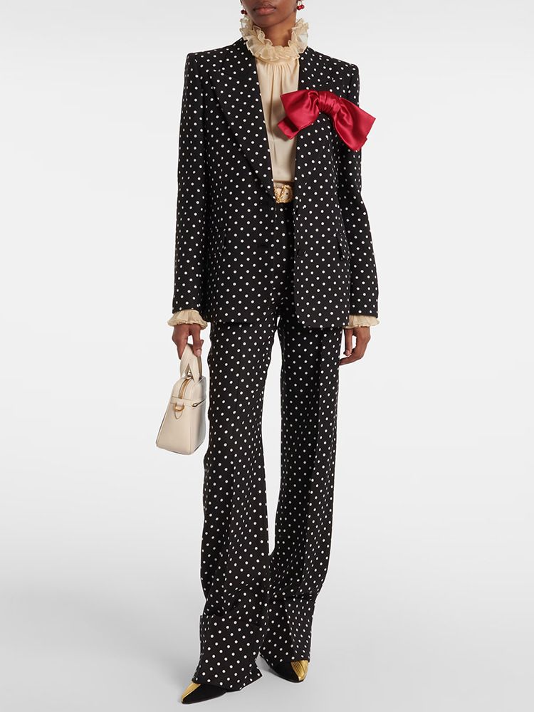 Completo da donna con giacca e pantaloni a due pezzi, con fiocco e decorazione a stella, a pois_voghion.com